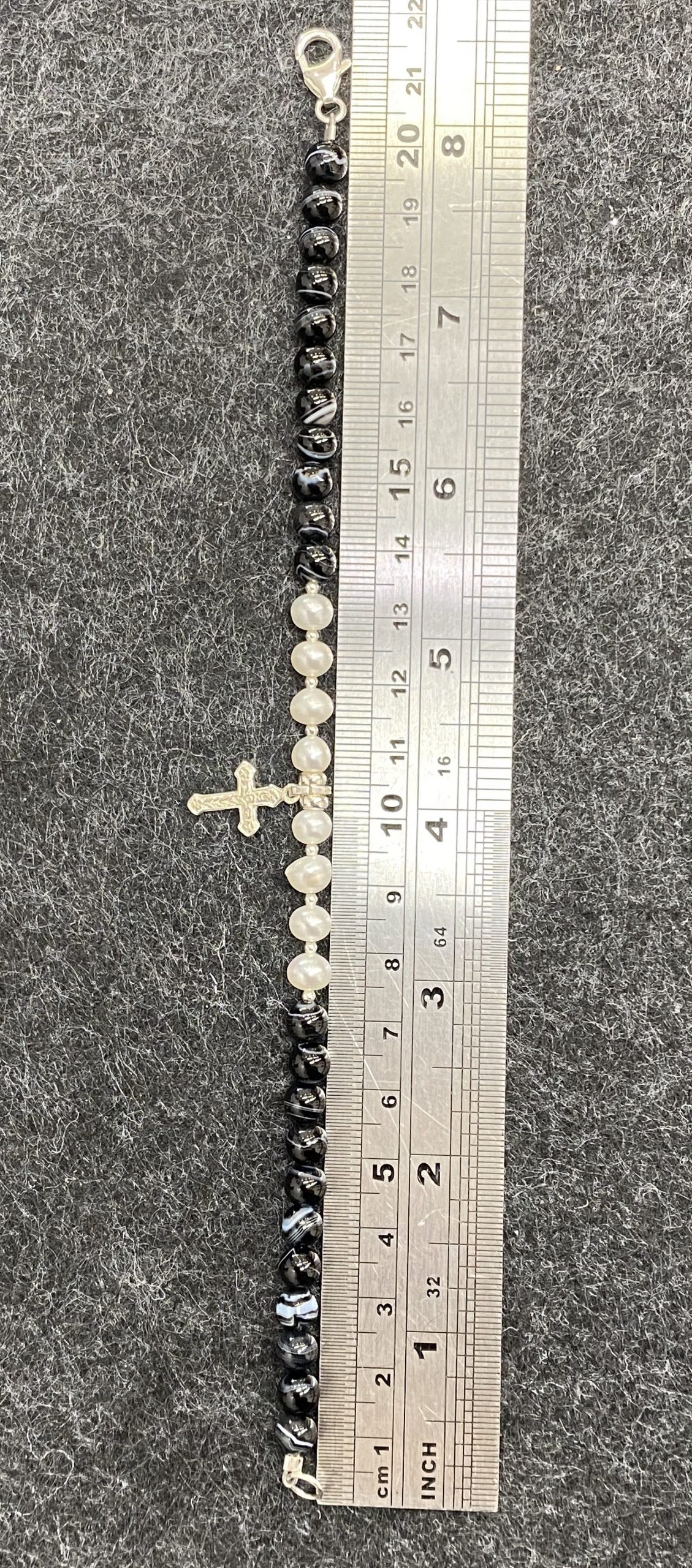 Onyx, Freshwater Pearls & Cross Charm Bracelet
