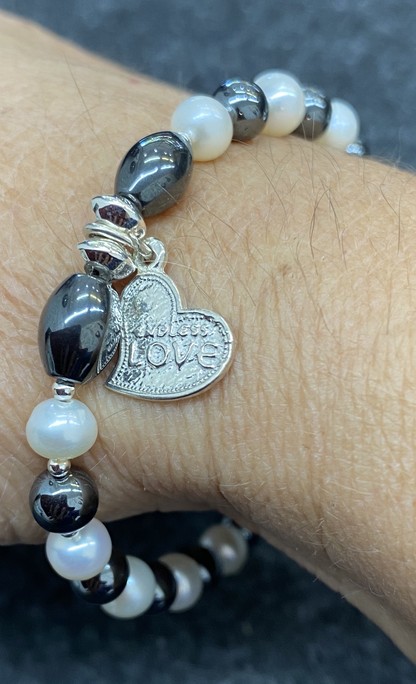 Freshwater Pearls, Hematine & Endless Love Charm Bracelet